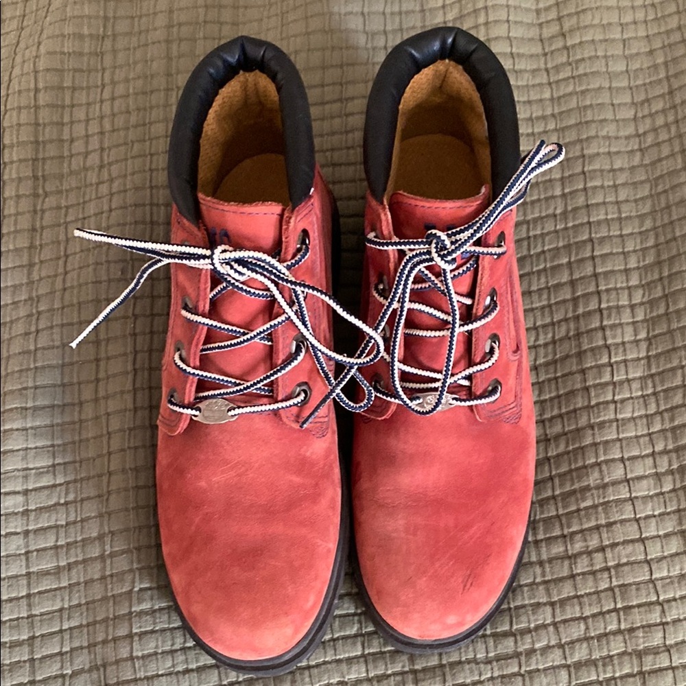 Custom women’s red Timberland boots - size 8